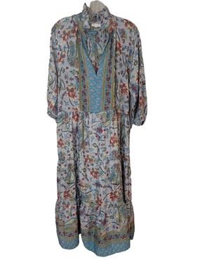Paani Boho Paisley Dress Gray Blue Red Tiered Midi Cottagecore Small